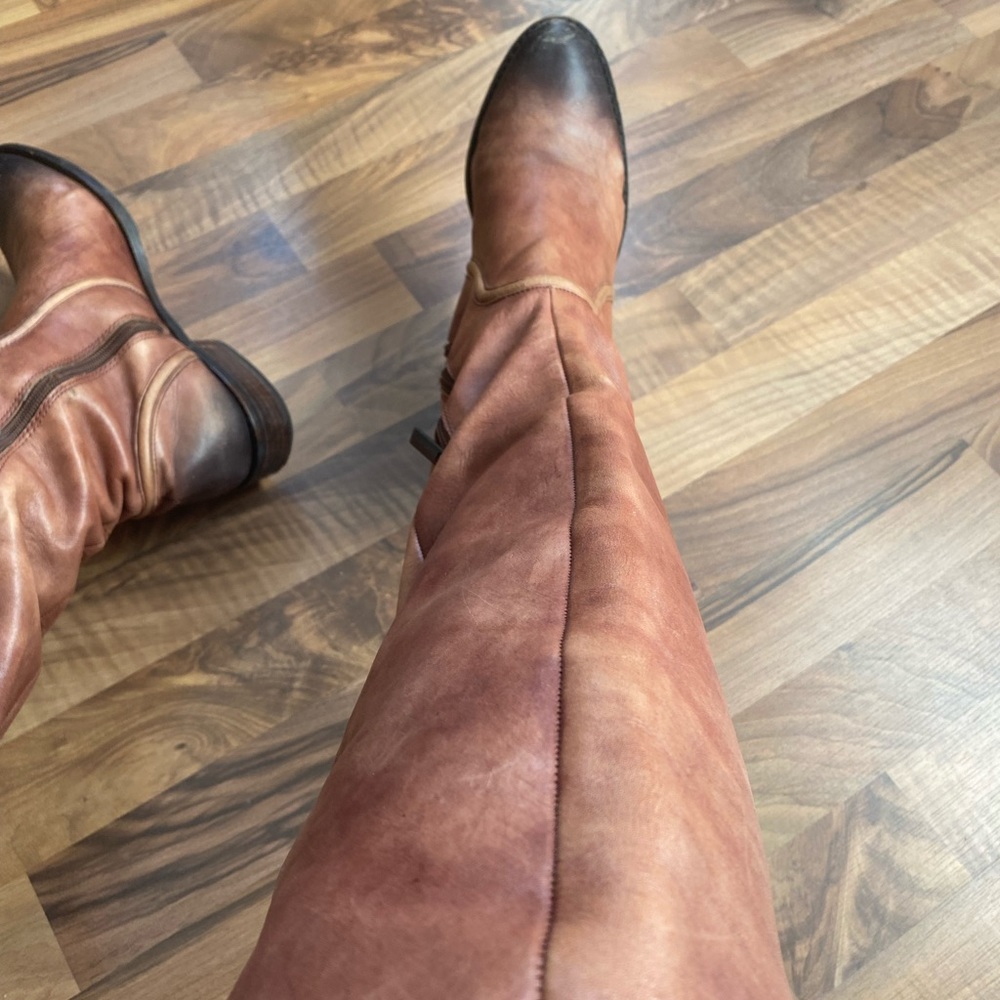 SAKS FIFTH AVENUE BROWN LEATHER TALL OVER THE KNEE RIDING BOOTS 7,5